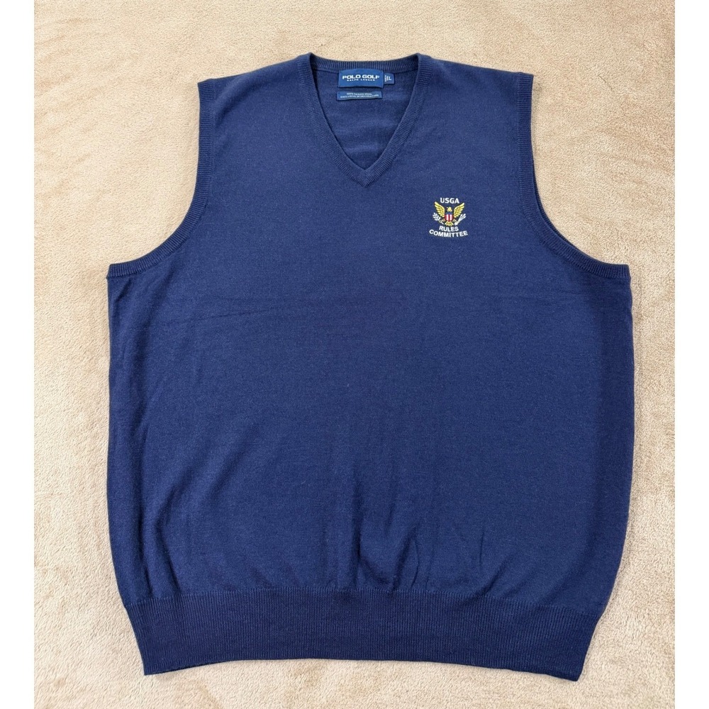 Vintage Polo Golf Ralph Lauren Sweater Vest Merino‎ Wool Men L blue USGA V-neck